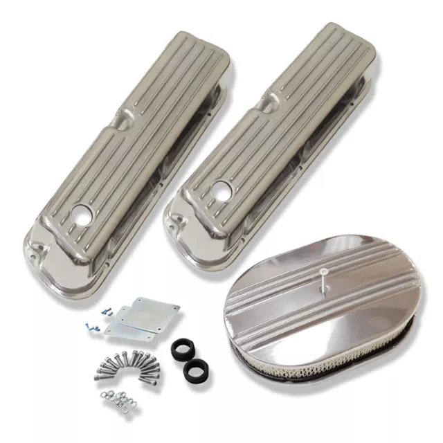 For Ford SBF 289 351W 62-85 Tall Finned Retro Aluminum Valve Covers& Air Cleaner