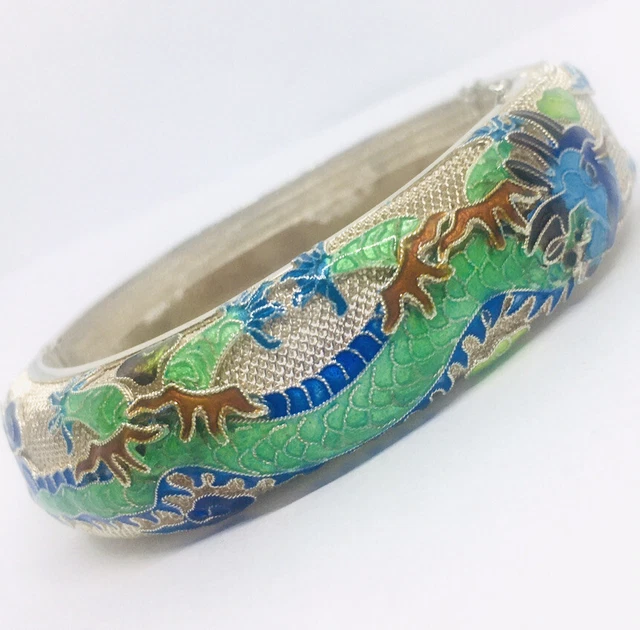 Fabulous Vintage Sterling Silver Chinese Export Enamel DRAGON Bangle Bracelet
