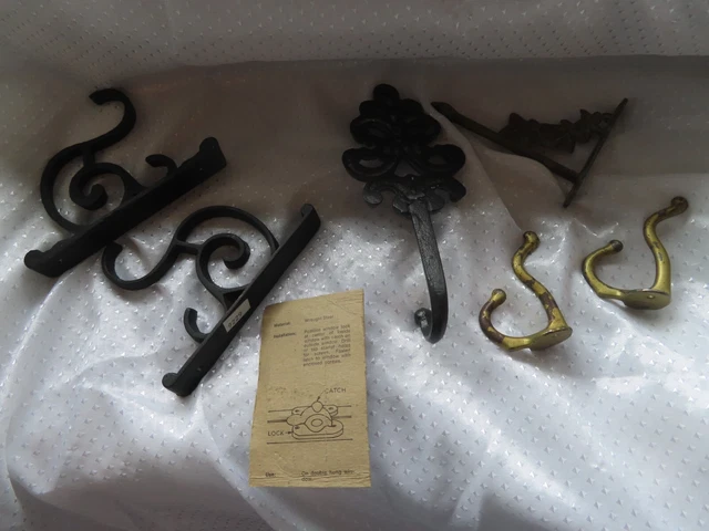 Lot Of 7 Vintage Hooks/Coats/Plants/etc.  Metal/Brass + a Brass Lock/unopened 2