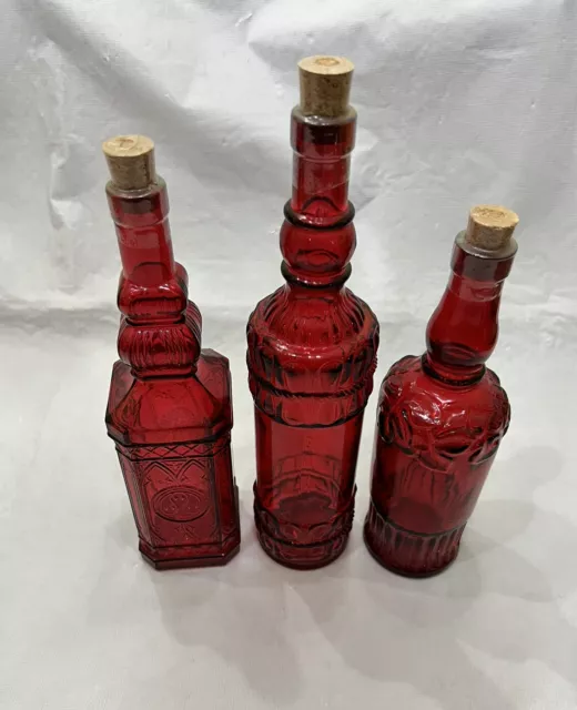 Vintage set of 3 colorful Decorative Glass Bottles Red Bud Vases