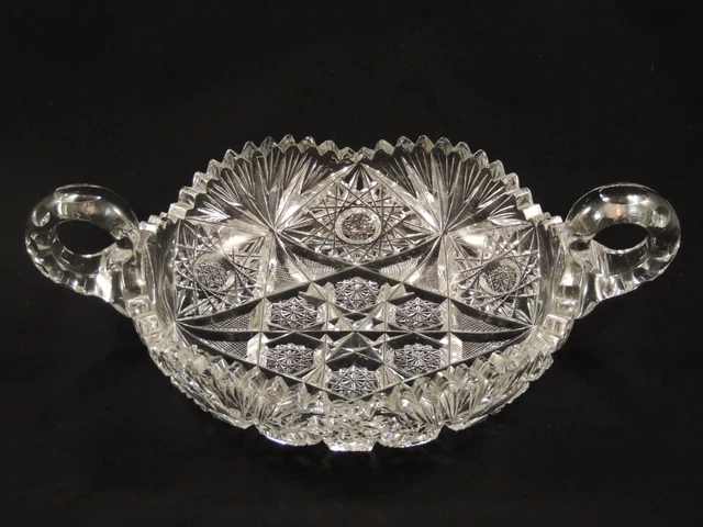 American Brilliant Period Antique Cut Glass 2 Handle Nappy 8" Dish Bowl 
