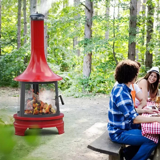 Chiminea de acero exterior de 1,75 m con parrilla de cocina en rojo