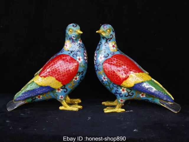 8" Old Chinese Antique Bronze Cloisonne Enamel Animal Bird pigeon Statue Pair