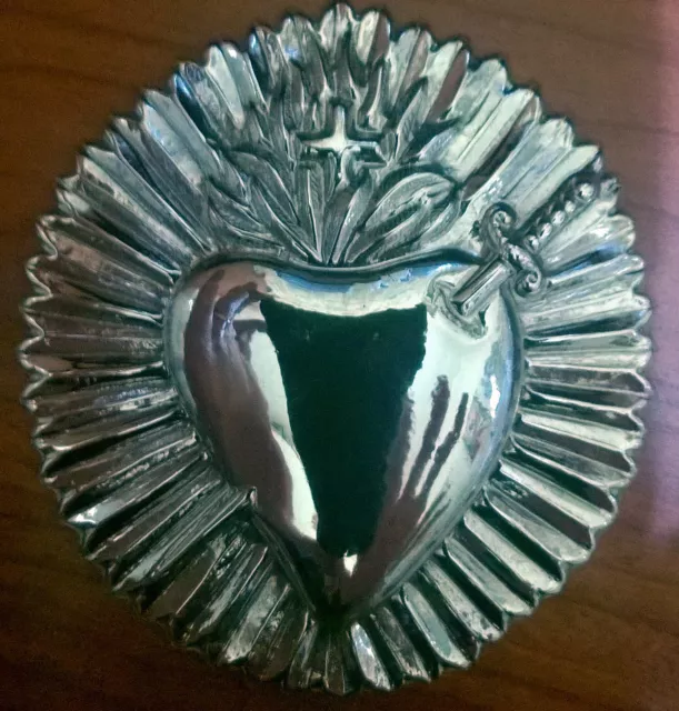 EX VOTO CUORE CON SPADA IN ARGENTO 800  h7cm