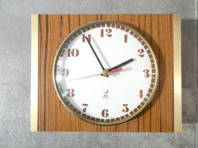 Horloge Murale JAZ Electronic – Formica Bois – Vintage France – Fonctionne