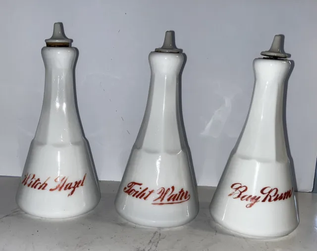 Set of 3 Antique BARBER BOTTLES Milk Glass Toilet Water Witch Hazel Bay Rum