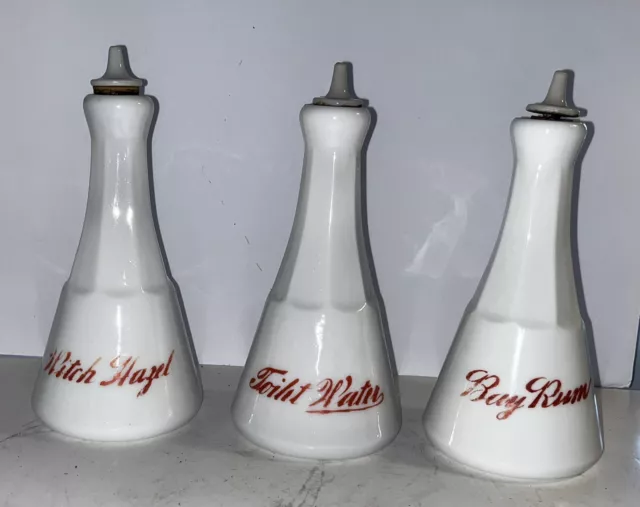 Set of 3 Antique BARBER BOTTLES Milk Glass Toilet Water Witch Hazel Bay Rum Set of 3 Antique BARBER BOTTLES Milk Glass Toilet Water Witch Hazel Bay Rum