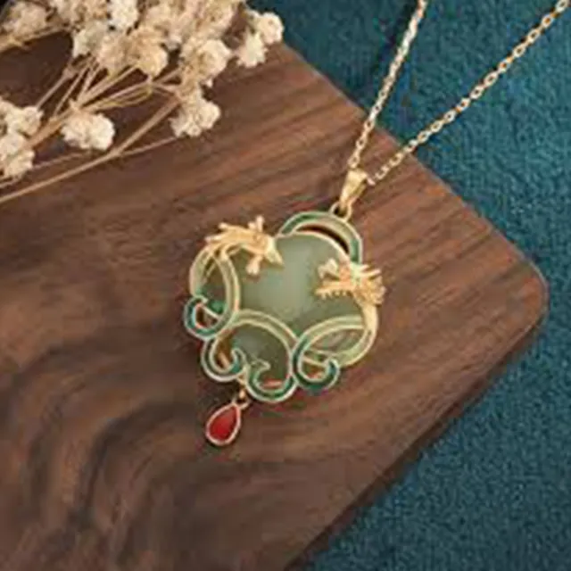 Jade Dragon Phoenix Pendant Jewelry  Silver Pated Necklace Chalcedony