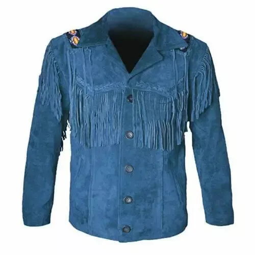 Men Native American Cowboy Leather Jacket Fringe & Beads Western Suede Jacket