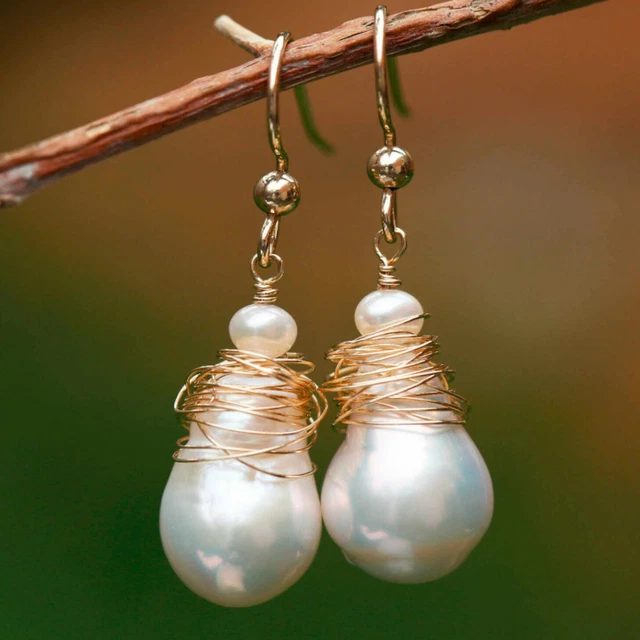 15-16mm Natural white Baroque Freshwater pearl 14k gold earrings Women New Year