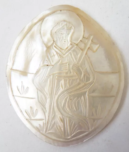 médaillon Saint personnage nacre sculptée ancien mother of pearl christ