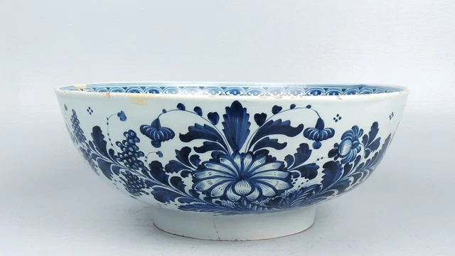 Large 18th Century English Delft Punch Bowl Blue Dec Antique Tin Glaze Pottery