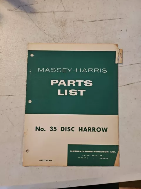 Vintage 1955 Massey Harris 35 Disc Harrow PARTS LIST