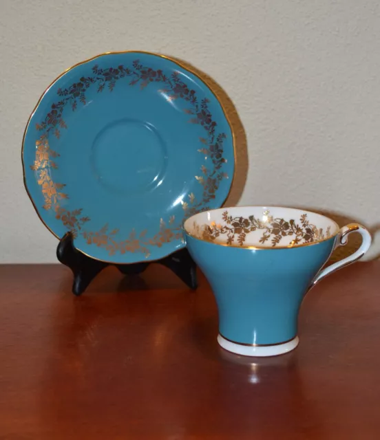 Aynsley Vintage Bone China Floral Spray Turquoise Tea Cup & Saucer SPECIAL ITEM!