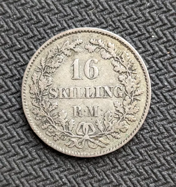 1858 VS Denmark Silver 16 Skilling Rigsmont Frederik VII KM#765 2