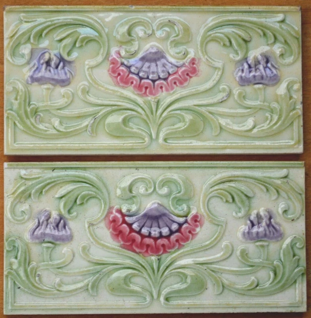 European - 2 Antique Art Nouveau Majolica Border Tiles C1900
