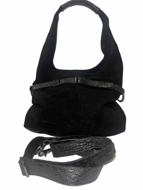 Filippo Raphael Real Black Suede & Leather Trims Hobo Boho Shoulder Bag + Strap