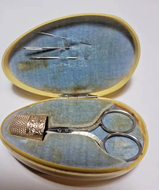 Antique 10K Gold Thimble. Anchor Hallmark Celluloid Case. Henckels Scissors