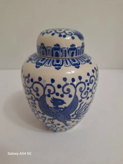 Vintage Blue White Porcelain Asian Ginger Jar Phoenix Bird Floral "Read"