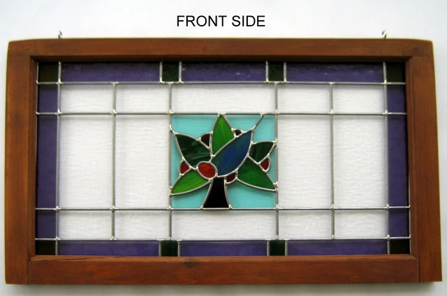 large leaded framed stained glass panel transom*antique wooden window decor art 2