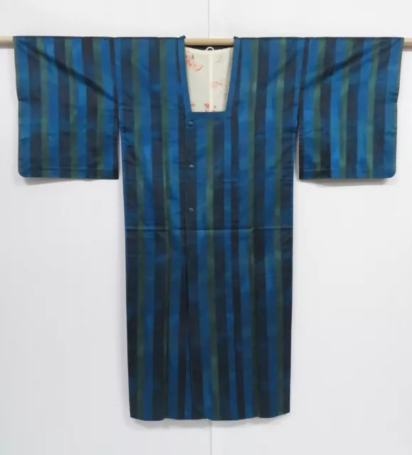 1328i06z450 Vintage Japanese Kimono Silk LONG HAORI COAT Dark Blue Stripe