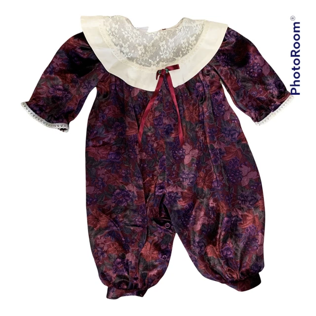 Vintage Sz 12 M Little Precious Baby Girls Burgundy Velvet Lace Romper 80s 90s