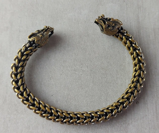 Bracelet Ancien Rigide En Bronze Argenté - Motif Tête De Dragon, Bijou Ethnique