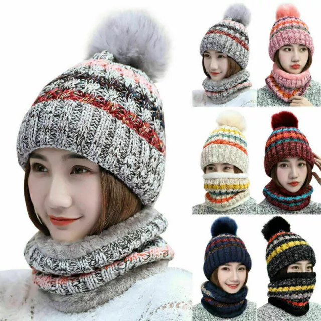 Women Chunky Knit Wool Pom Bobble Beanie Scarf Set Warm Gorgeous Soft Cap Winter 3