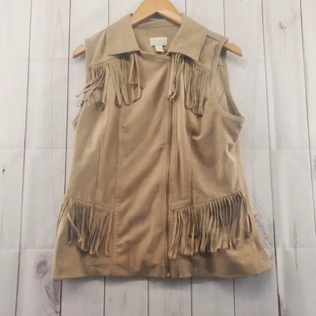 Chico's 1 Vest Womens Medium Sleeveless Full Asymmetrical Zip Fringe Faux Suede