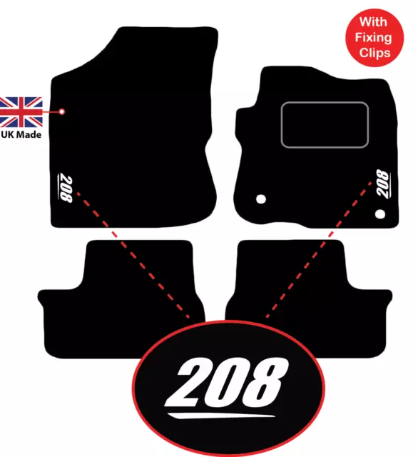 Peugeot 208 2012 to 2019 Tailored Black Car Floor Mats Carpet 4pc Set With Clips