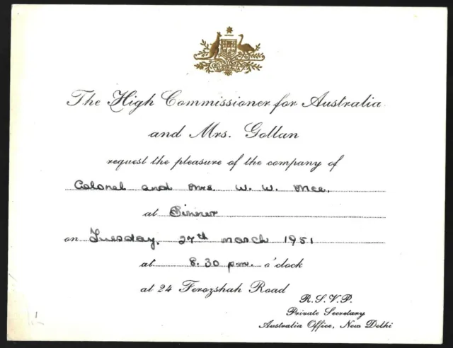 Vintage Invitation From Australian High Commissioner Roy Gollan New Delhi 1951