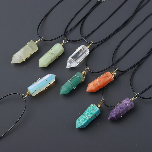 Natural Gemstone Hexagonal Point Pendant Wire Wrap Healing Quartz Necklace