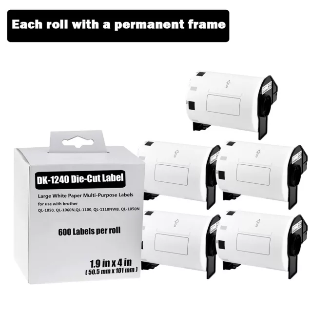 5Rolls 4"×2" Large Paper Multi-purpose Labels 600P/R DK-1240 for Brother QL-500