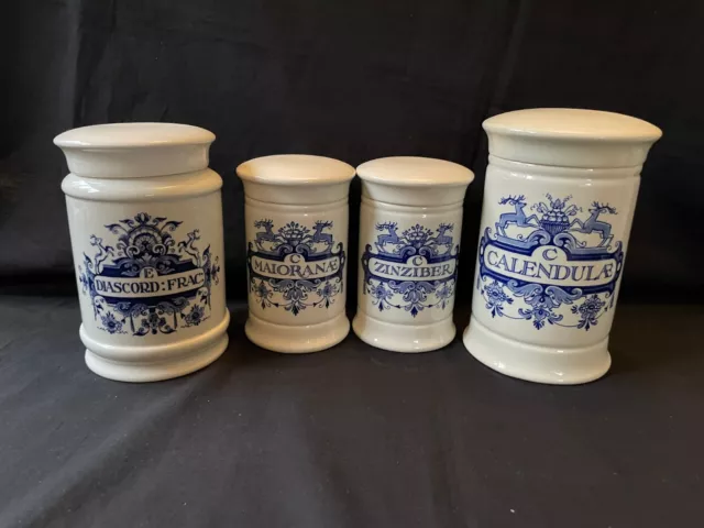 antique set of 4 Dutch DELFT ceramic albarello / apothecary jar . Marked bottom