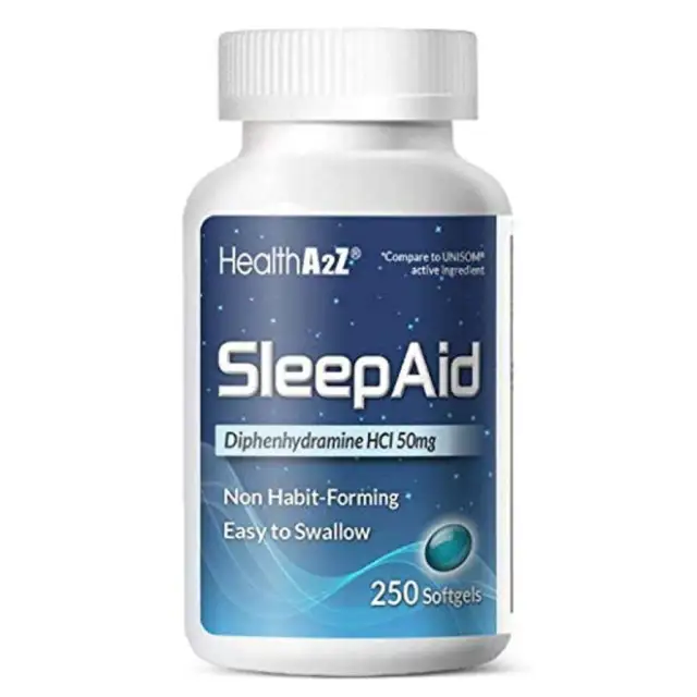 Ayuda para dormir HealthA2Z, difenhidramina HCl 50 mg, 250 cápsulas blandas