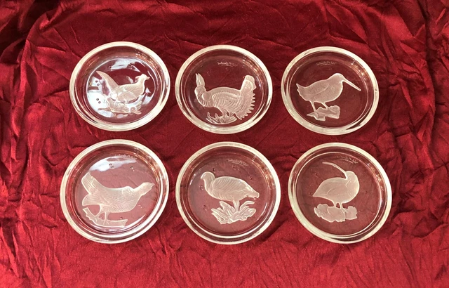 6 dessous de verre Cristal signés VAL SAINT LAMBERT décor OISEAUX 9,3 cm Carafe