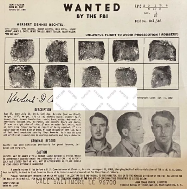 1954 FBI WANTED Poster for Bank Robber Herbert Dennis Bechtel ...