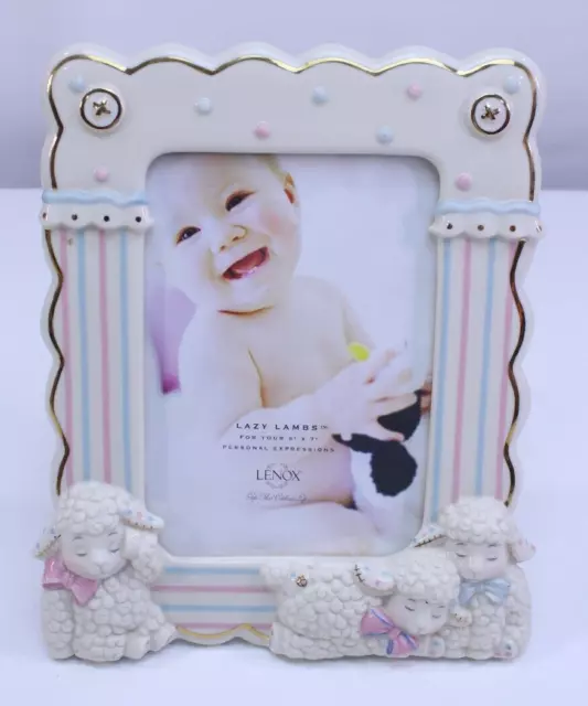 Lenox Lazy Lambs Sheep Picture Frame Baby Pink Blue Gold 5 x 7 Photo Unisex NEW