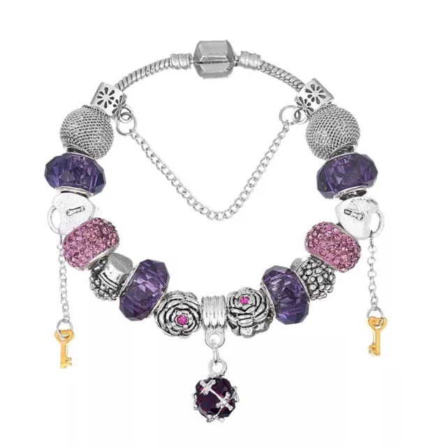 WOW NEW Silver Purple Pink Rhinestone Murano Gold Key Beads Charm Bracelet