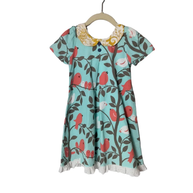 Giggle Moon Girls Sz 6 Blue Bird Print Dress w/ Yellow Bow and Peter Pan Collar