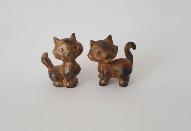 2 Otagiri Cat Figurines Stoneware Brown Black Spotted Kitten OMC Japan Vintage