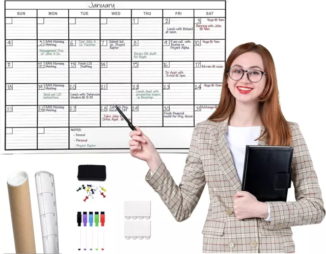 Large Dry Erase Laminated Wall Calendar, 24 x 36 Inches, Reusable Film and Never