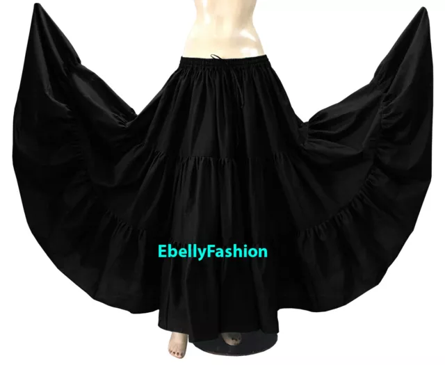 Black - Cotton 10 Yard 3 Tier Belly Dance Gypsy Tribal Ethenic Flamenco Skirt