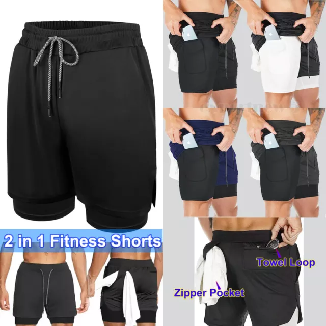 2- Layer Men Fitness Liner Shorts Gym Sports Training Running Compression  Pants