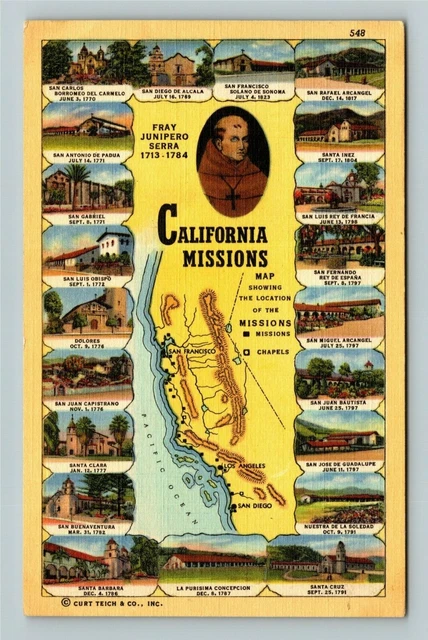 CA- California, California Missions, Aerial Map View, c1947 Vintage Postcard
