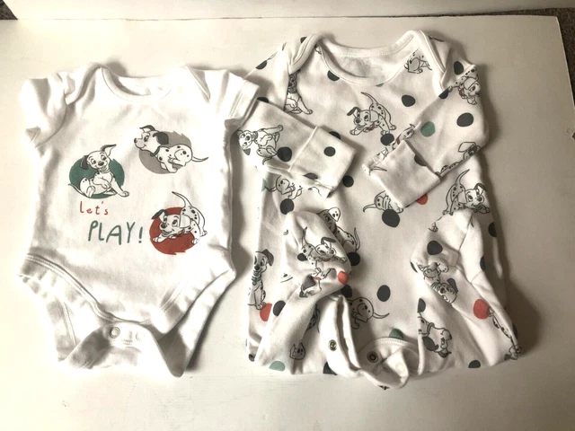 Unisex Baby White Disney 101  Dalmations Bodysuit & Babygrow Set Age 0-3 months