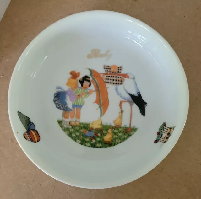 Vintage Czechloslavakia baby children's plate bowl dish girls umbrella stork