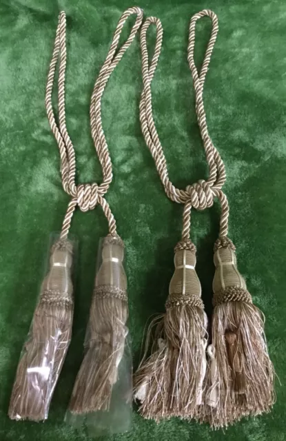 New Vintage 1 Pair(2) Gold Beige Window Curtains Drapes Double Tassel Tiebacks