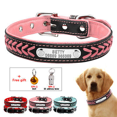 Braided Leather Personalized Dog Collar Soft Padded Pet Cat Name ID Tag Engraved