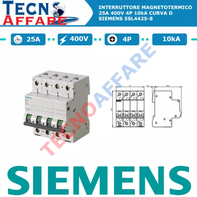 Interruttore Magnetotermico D25 25A 400V 4Poli 10kA Curva D Siemens 5SL4425-8